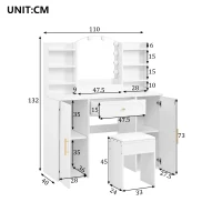 Modern Vanity Desk with Padded Stool and 2 Storage Cabinets, Makeup Dressing Table with Adjustable LED Mirror, 110L x 40W x 132H cm, White(m-3)