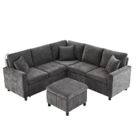 Modern Corner Sofa Bed with Reading Lamp and Fold-Out Cup Holder Table, Soft Pull-Out Sleeper Couch with Ottoman, 205L x 205W x 85H cm, Grey(m-2)