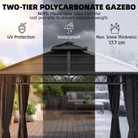 Outsunny 3 x 3 (m) Outdoor Polycarbonate Gazebo, Double Roof Hard Top Gazebo with Galvanised Steel Frame, Nettings & Curtains for Garden, Lawn, Patio and Deck, Dark Grey(m-4)