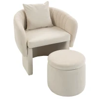 HOMCOM Fotoliu relax cu taburet, fotoliu lounge cu spătar curbat, cotiere, capitonat chenille nordic, bej(m-5)