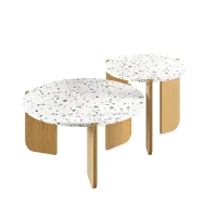 Modern 2-Piece Nesting Coffee Table Set with Patterned Tabletops, Side Tables for Living Room, 70L x 70W x 35H cm, White and Wood(m-11)