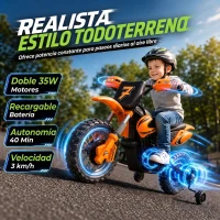 AIYAPLAY Moto Eléctrica Niños 12V 2 Ruedas Auxiliares Desmontables 2 Motores Suspensión Trasera 3 km/h 3-6 Años Naranja(m-4)