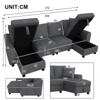 Modern Chenille U-Shaped Sectional Sofa with 2 Storage Chaise Lounges, Soft Convertible Couch with 2 Square Cushions, 272L x 131.5W x 84H cm, Grey(m-3)