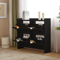 Modern Wooden Shoe Cabinet with 4 Flip Drawers, Space-Saving Storage Organiser with Side Umbrella Hooks, 110L x 24W x 90H cm, Black(m-1)