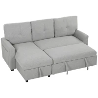 HOMCOM Canapea extensibilă 3 locuri cu șezlong convertibil, spațiu de depozitare, 3 perne, material cu efect de in, gri(m-1)