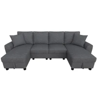 Modern Chenille U-Shaped Sectional Sofa with 2 Storage Chaise Lounges, Soft Convertible Couch with 2 Square Cushions, 272L x 131.5W x 84H cm, Grey(m-9)