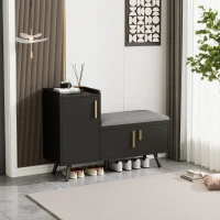 Modern Entryway Shoe Bench Storage Cabinet with Adjustable Shelves, Soft Storage Organiser Unit with Metal Handles, 100L x 34W x 69H cm, Black(m-1)