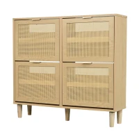 Modern Rattan Shoe Cabinet with 4 Flip Drawers, Space-Saving Storage Organiser Cupboard with Adjustable Shelves, 100L x 25W x 90.5H cm, Light Oak(m-17)