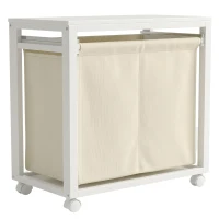HOMCOM Panier à linge à 2 compartiments 2x20L avec roulettes, panier à linge en bambou, sac amovible, blanc(m-1)