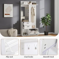 Modern Hall Tree with Mirror and Fold-Out Shoe Rack, Space-Saving Entryway Organizer with 3 Hooks and Drawers, 90L x 30W x 180H cm, White(m-6)