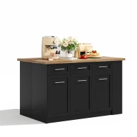 Modern Kitchen Island with Hidden Extendable Dining Table, Mobile Breakfast Bar with Marble-Effect Worktop, 150L x 90W x 90H cm, Black+Natural(m-10)