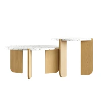 Modern 2-Piece Nesting Coffee Table Set with Patterned Tabletops, Side Tables for Living Room, 70L x 70W x 35H cm, White and Wood(m-12)
