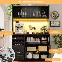 Tall Kitchen Cabinet with App-Controlled RGB LED and Glass Doors, Storage Unit with Wine Rack and 3 Drawers, 120L x 40W x 180H cm, Black(m-4)