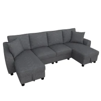 Modern Chenille U-Shaped Sectional Sofa with 2 Storage Chaise Lounges, Soft Convertible Couch with 2 Square Cushions, 272L x 131.5W x 84H cm, Grey(m-10)