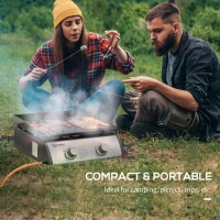 Outsunny Gas Plancha Barbecue Grill with 2 Stainless Steel Burner, 5kW, Portable Tabletop Gas BBQ with Non-Stick Griddle for Camping Picnic Garden Party Festival(m-6)