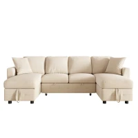 Modern Chenille U-Shaped Sectional Sofa with 2 Storage Chaise Lounges, Soft Convertible Sleeper Couch with 2 Square Cushions, 260L x 128W x 82H cm, Beige(m-11)