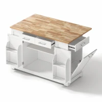 Modern Rolling Kitchen Island Trolley with Woodgrain Worktop, Mobile Storage Cart Unit with Pull-Out Bin Compartment, 138L x 86W x 92H cm, White(m-13)