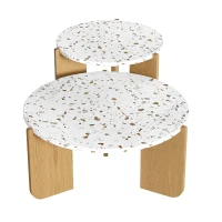 Modern 2-Piece Nesting Coffee Table Set with Patterned Tabletops, Side Tables for Living Room, 70L x 70W x 35H cm, White and Wood(m-7)