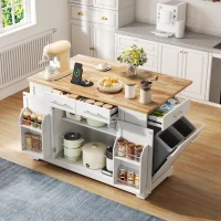 Modern Rolling Kitchen Island Trolley with Woodgrain Worktop, Mobile Storage Cart Unit with Pull-Out Bin Compartment, 138L x 86W x 92H cm, White(m-8)