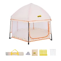 Pop-Up Baby Playpen with Removable Canopy, Portable Six-Sided Play Yard with Breathable Mesh for Outdoor, 150L x 150W x 105H cm, Beige(m-1)