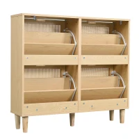 Modern Rattan Shoe Cabinet with 4 Flip Drawers, Space-Saving Storage Organiser Cupboard with Adjustable Shelves, 100L x 25W x 90.5H cm, Light Oak(m-16)