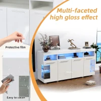 High-Gloss Sideboard with Bluetooth LED Lighting, Modern Storage Cabinet with 3-Tier Tempered Glass Shelves, 140L x 40W x 70H cm, White(m-4)