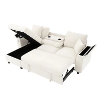 L-Shaped Sofa Bed with USB/USB-C Ports and Pull-Out Sleeper, Soft Reversible Corner Couch with Hidden Chaise Storage, 200L x 137W x 85H cm, Beige(m-13)
