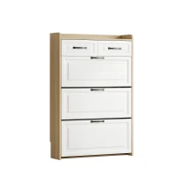 Modern Wooden Shoe Cabinet with 3 Flip Louvered Doors, Space-Saving Organiser Cupboard with 2 Drawers, 80L x 23.5W x 131H cm, White+Natural(m-9)