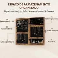 HOMCOM Espelho para Joias de Parede com Fechadura e Compartimentos para Parede ou Porta Castanho Rústico e Forro Preto(m-5)