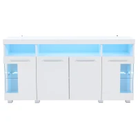 High-Gloss Sideboard with Bluetooth LED Lighting, Modern Storage Cabinet with 3-Tier Tempered Glass Shelves, 140L x 40W x 70H cm, White(m-14)