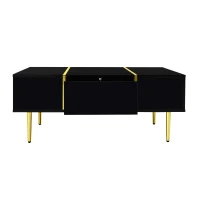 High-Gloss Coffee Table with Two Drawers and 19.5 cm Clearance, Modern Center Table for Living Room, 100L x 60W x 41.5H cm, Black+Gold(m-11)