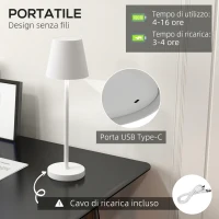 HOMCOM Lampada da Tavolo Portatile in Acrilico e Metallo da 3600mAh con Cavo di Ricarica, Ø11.2x36.5 cm, Bianco(m-4)