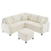 Modern Corner Sofa Bed with Reading Lamp and Fold-Out Cup Holder Table, Soft Pull-Out Sleeper Couch with Ottoman, 205L x 205W x 85H cm, Beige(m-2)