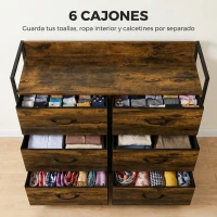 HOMCOM Cómoda con 6 Cajones Plegables Cajonera de Tela con Estructura de Acero Estilo Industrial 79x29x85 cm Marrón Rústico(m-4)