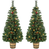 HOMCOM 2 PCs Prelit Christmas Trees with Dual-Colour LEDs, Berry, Pinecones, Battery-Operated, 11 Modes, Pot, Remote, 4ft(m-15)