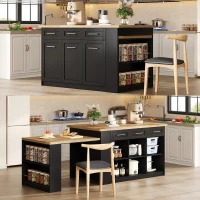 Modern Kitchen Island with Hidden Extendable Dining Table, Mobile Breakfast Bar with Marble-Effect Worktop, 150L x 90W x 90H cm, Black+Natural(m-1)