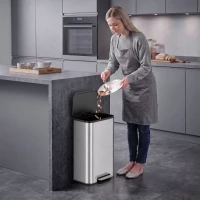 HOMCOM Papelera de cocina rectangular 30L en acero inoxidable, cierre amortiguado, cubo interior extraíble, Plata(m-2)