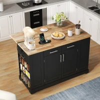 Modern Rolling Kitchen Island Trolley with Woodgrain Worktop, Mobile Storage Cart Unit with Pull-Out Bin Compartment, 138L x 86W x 92H cm, Black(m-7)