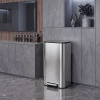 HOMCOM Papelera de cocina rectangular 30L en acero inoxidable, cierre amortiguado, cubo interior extraíble, Plata(m-5)