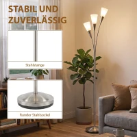 HOMCOM Stehlampe Wohnzimmer 40 W Stehleuchte mit Fußschalter, 3 x E14-Fassung für Schlafzimmer, Büro, Ohne Glühbirne, Silber(m-7)