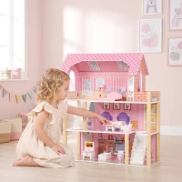 AIYAPLAY Casa de Muñecas de Madera 3 Pisos con Balcón Escaleras y 10 Muebles Juguete de Imitación para Niños de 3 a 6 Años Rosa(m-15)