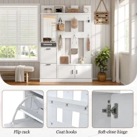 Modern Hall Tree with Coat Rack, Mirror and Shoe Bench, Space-Saving Entryway Unit with 6 Hooks and Flip Cabinets, 120L x 30W x 180H cm, White(m-5)