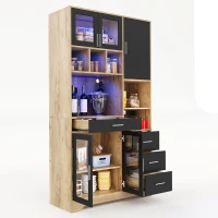 Tall Kitchen Pantry Cabinet with App-Controlled LED Lights, Freestanding Storage Cupboard with Power Outlets, 100L x 40W x 185H cm, Black+Natural(m-11)