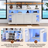 High-Gloss Sideboard with Bluetooth LED Lighting, Modern Storage Cabinet with 3-Tier Tempered Glass Shelves, 140L x 40W x 70H cm, White(m-6)