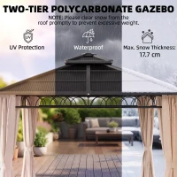 Outsunny 3 x 3 (m) Outdoor Polycarbonate Gazebo, Double Roof Hard Top Gazebo with Galvanised Steel Frame, Nettings & Curtains for Garden, Lawn, Patio and Deck, Khaki(m-4)