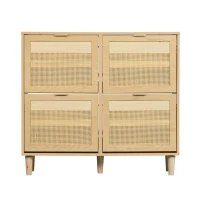 Modern Rattan Shoe Cabinet with 4 Flip Drawers, Space-Saving Storage Organiser Cupboard with Adjustable Shelves, 100L x 25W x 90.5H cm, Light Oak(m-2)