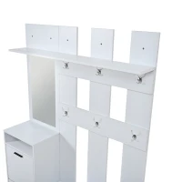 Modern Hall Tree with Coat Rack, Mirror and Shoe Bench, Space-Saving Entryway Unit with 6 Hooks and Flip Cabinets, 120L x 30W x 180H cm, White(m-9)