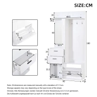 Modern Hall Tree with Mirror and Fold-Out Shoe Rack, Space-Saving Entryway Organizer with 3 Hooks and Drawers, 90L x 30W x 180H cm, White(m-3)