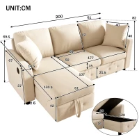 Modern Chenille L-Shaped Sectional Sofa with Reversible Storage Chaise, Soft Pull-Out Sleeper Couch with USB Ports, 200L x 130.5W x 83.5H cm, Beige(m-3)