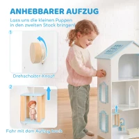 AIYAPLAY Groot poppenhuis 79,5 cm met lift, 3 verdiepingen, 13 meubels en balkon, blauw, cadeau voor meisjes van 3-6 jaar(m-4)